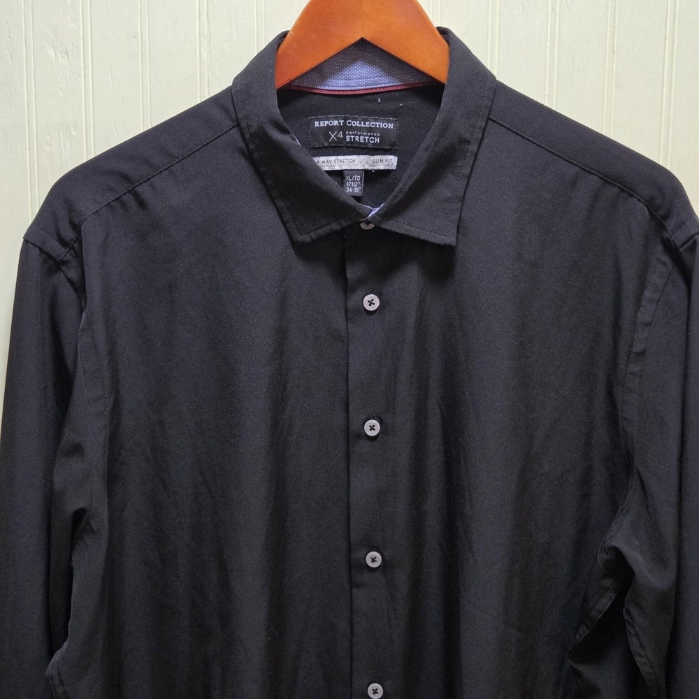 Report Collection Dress Shirt Mens XL 17.5 34/35 Black Stretch Slim Fit